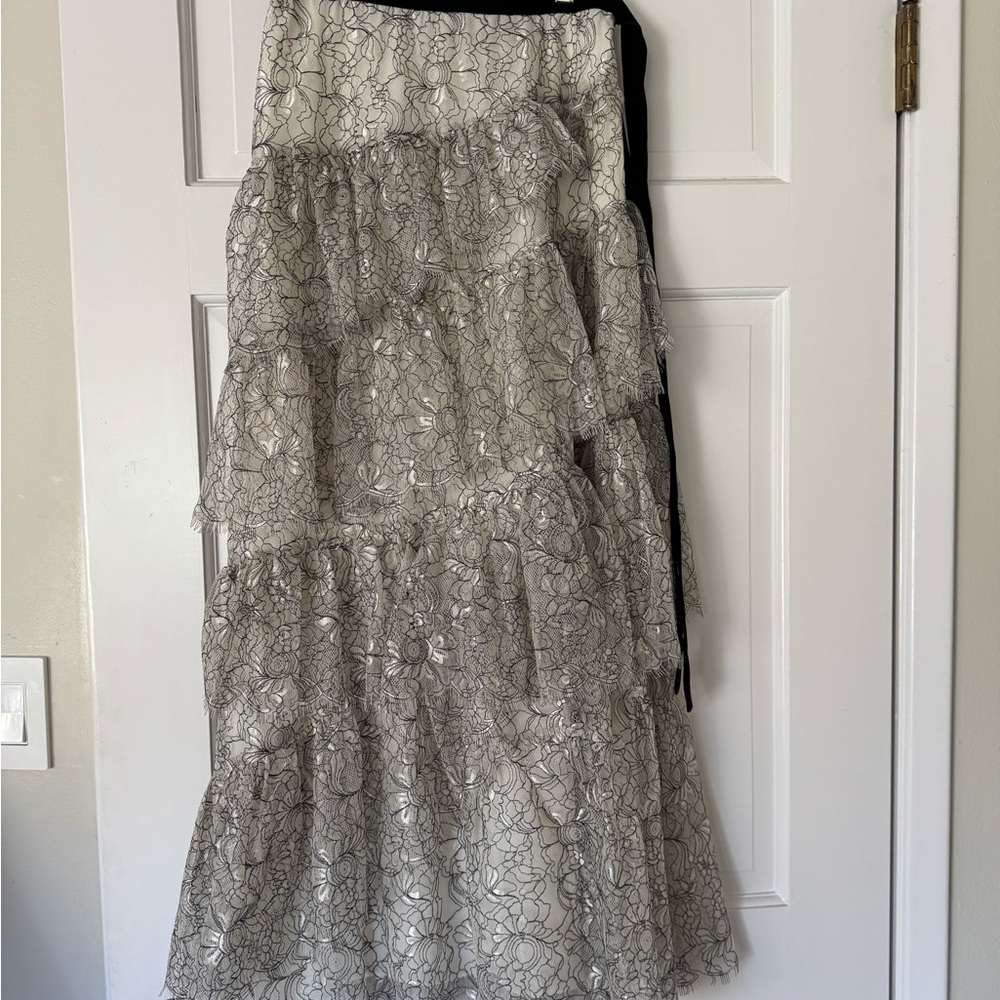 LoveShackFancy Black and White Tiered Lace Maxi Skirt